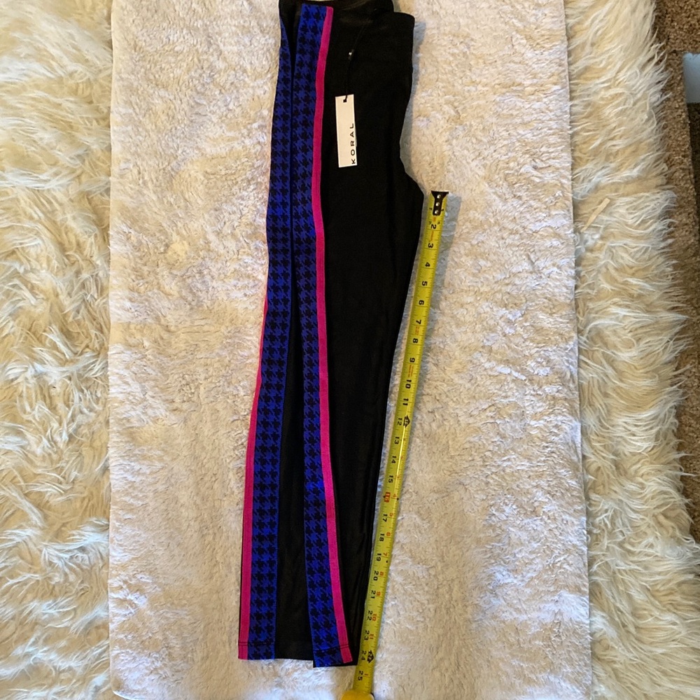 Koral Black Leggings with Blue Houndstooth Panels and Pink Stripe
